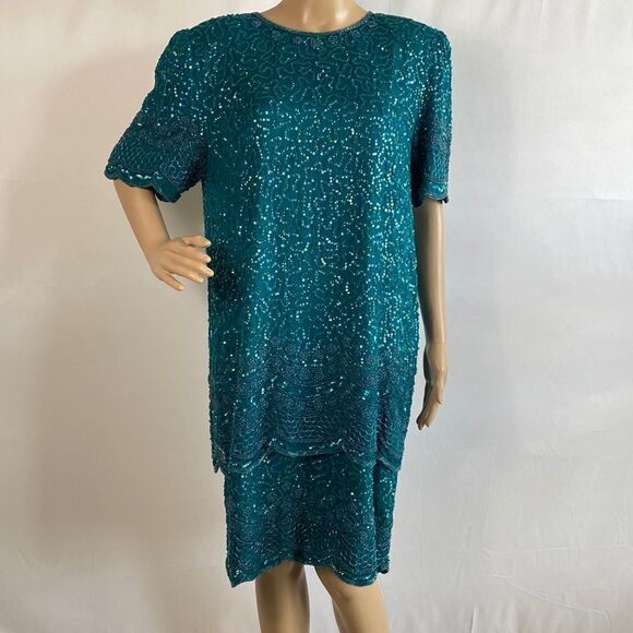 Laurence Kazar green sequins silk short sleeve dress size XL - Picture 1 of 11